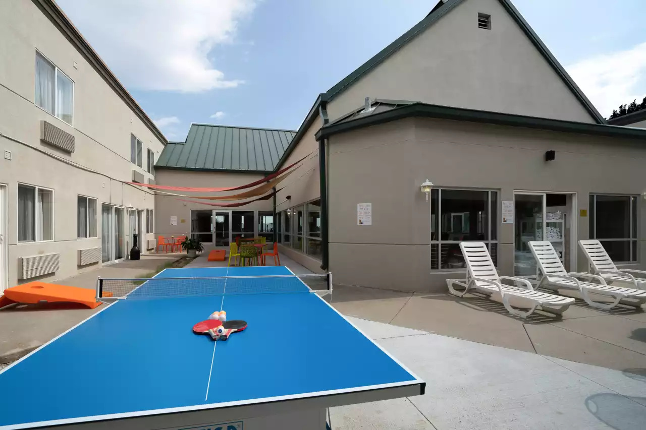 ping pong and back of hotel